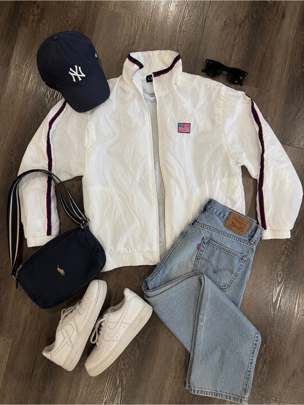 Women's White Zip-Up Windbreaker Jacket with Flag Patch